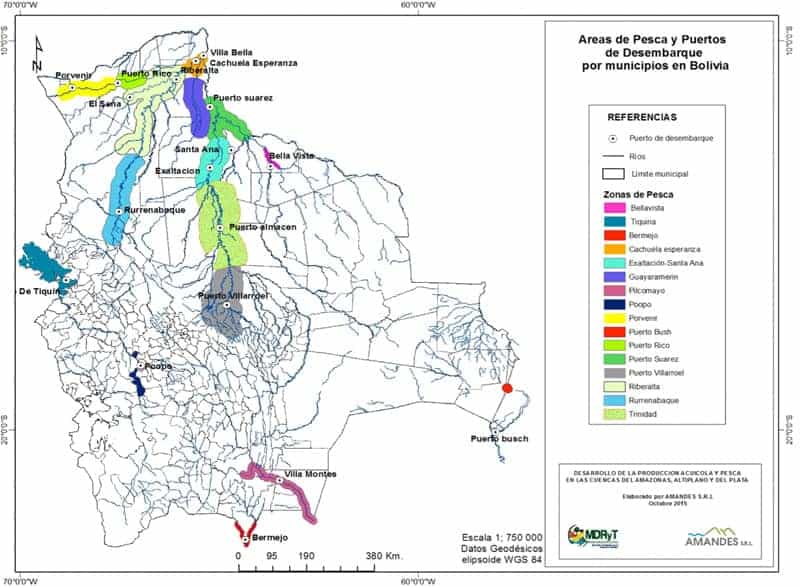 Mapa zonas de pesca en Bolivia